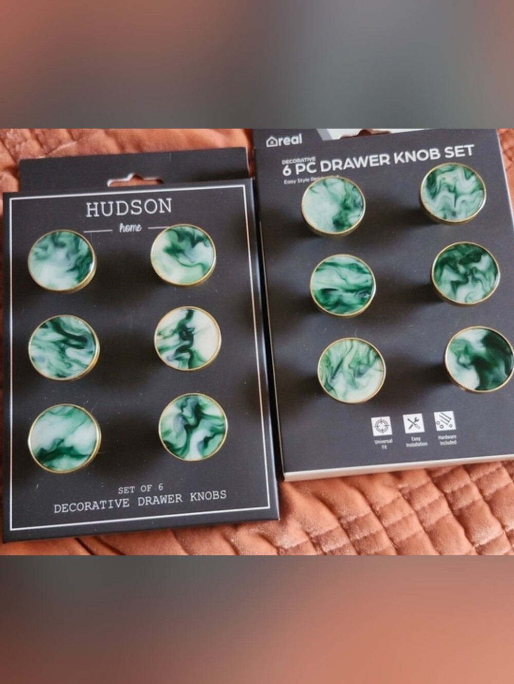 HUDSON Home Decorative Drawer Knobs - Green Marble Effect (Set of 6 X 2)